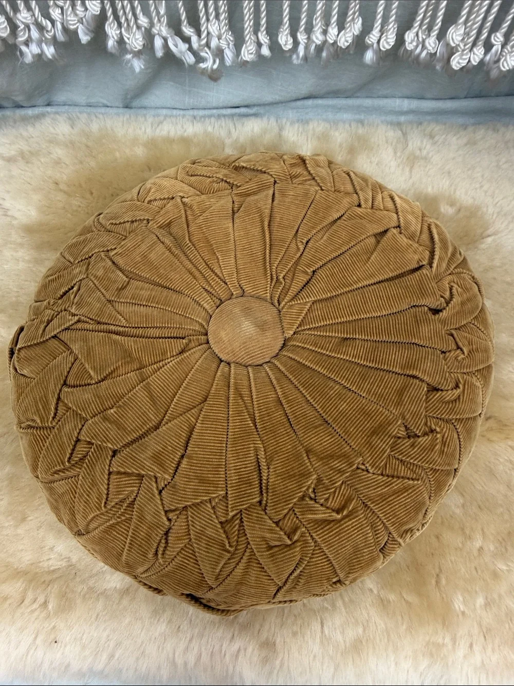 Vintage Round Pleated Corduroy Handmade Pillows - set of two | Tan & Orange